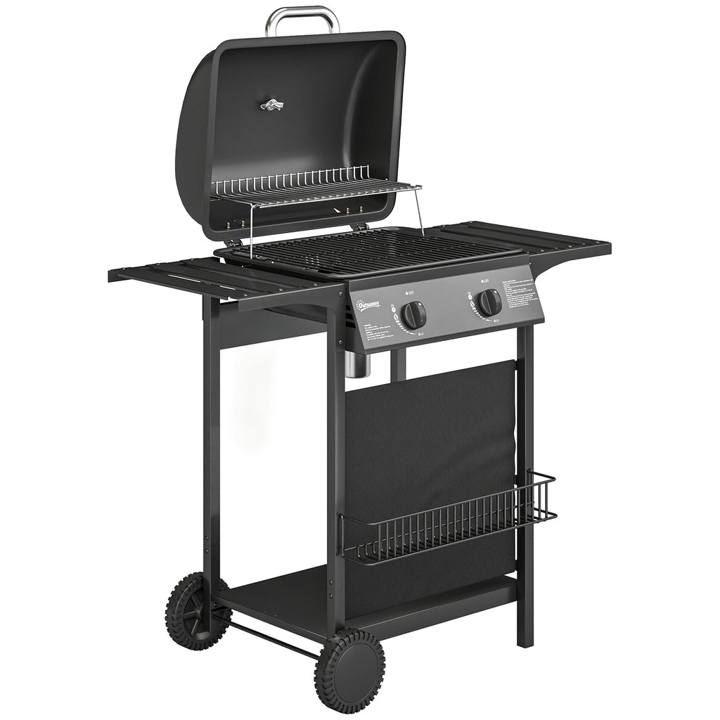 Outsunny Gas Burner Barbecue Grill, 2 Burner Gas Grill with Side Tables, Warming Rack, Shelf, Thermometer, Grease Tray, Black