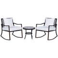 Outsunny Rattan Bistro Set, 3 Pieces Wicker Garden Furniture Set with Rocking Chairs and Round Glass Top Coffee Table, Small Balcony Furniture with Cushions for Outdoor, Porch, Brown
