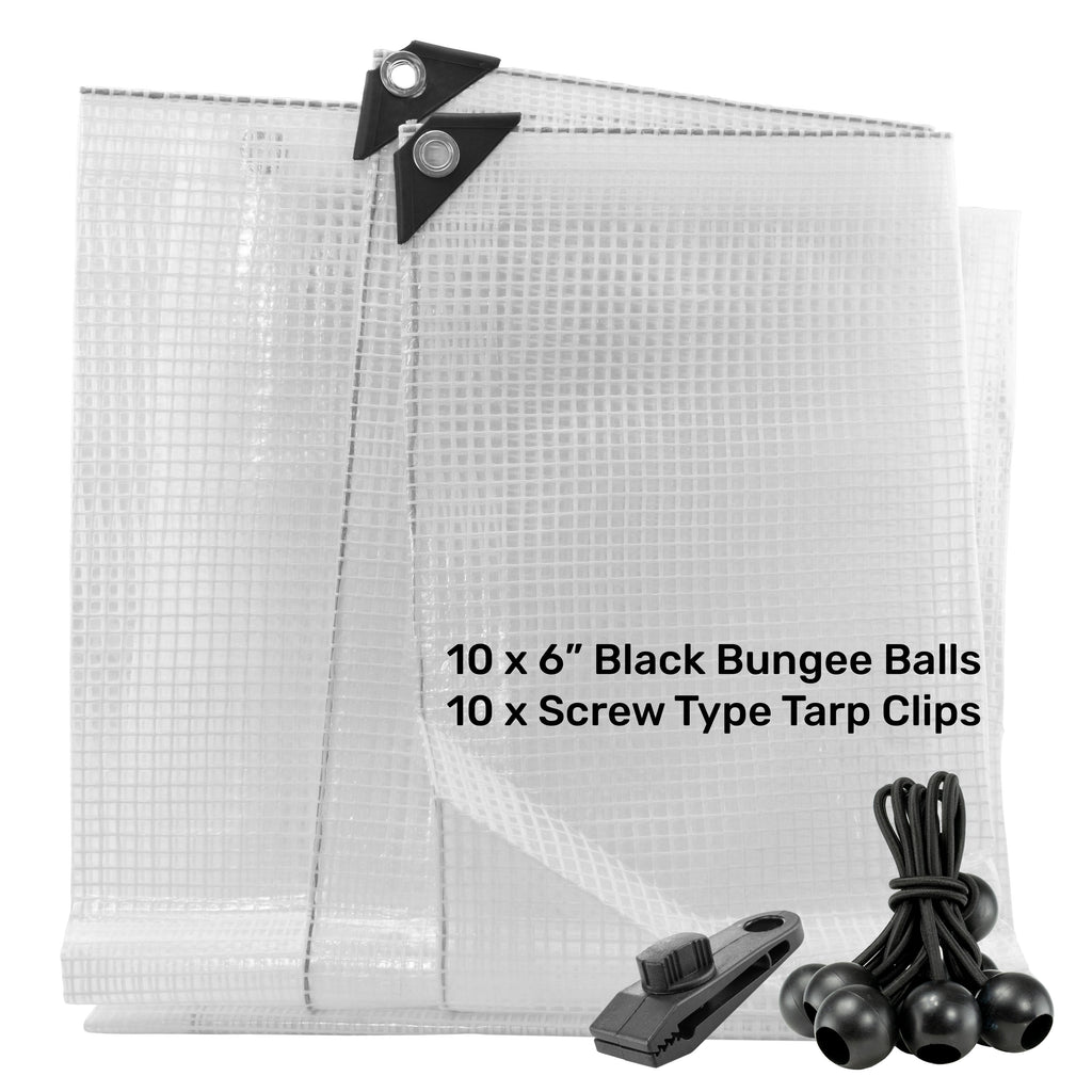 Clear XL-Grade Tarpaulin with 10 x 6" Bungee Balls (Black) and 10 x Screw Type Tarp Clips