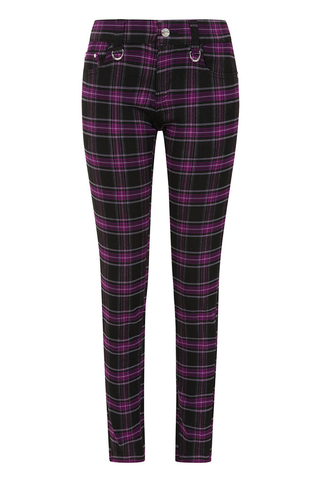 Banned Apparel Forever Yours Low-Rise Skinny Tartan Trousers in Purple