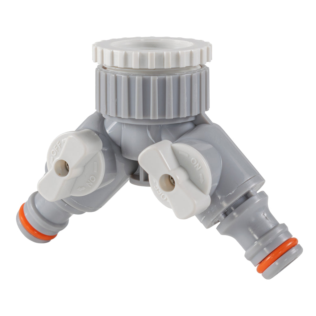 2-Way Tap Connector With Valves 1" or 3/4" BSP Female, Gray/White