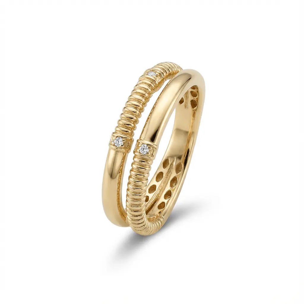 14K Better Gold Textured Dual-Band Ring - Modern Structure with Elegant Detail