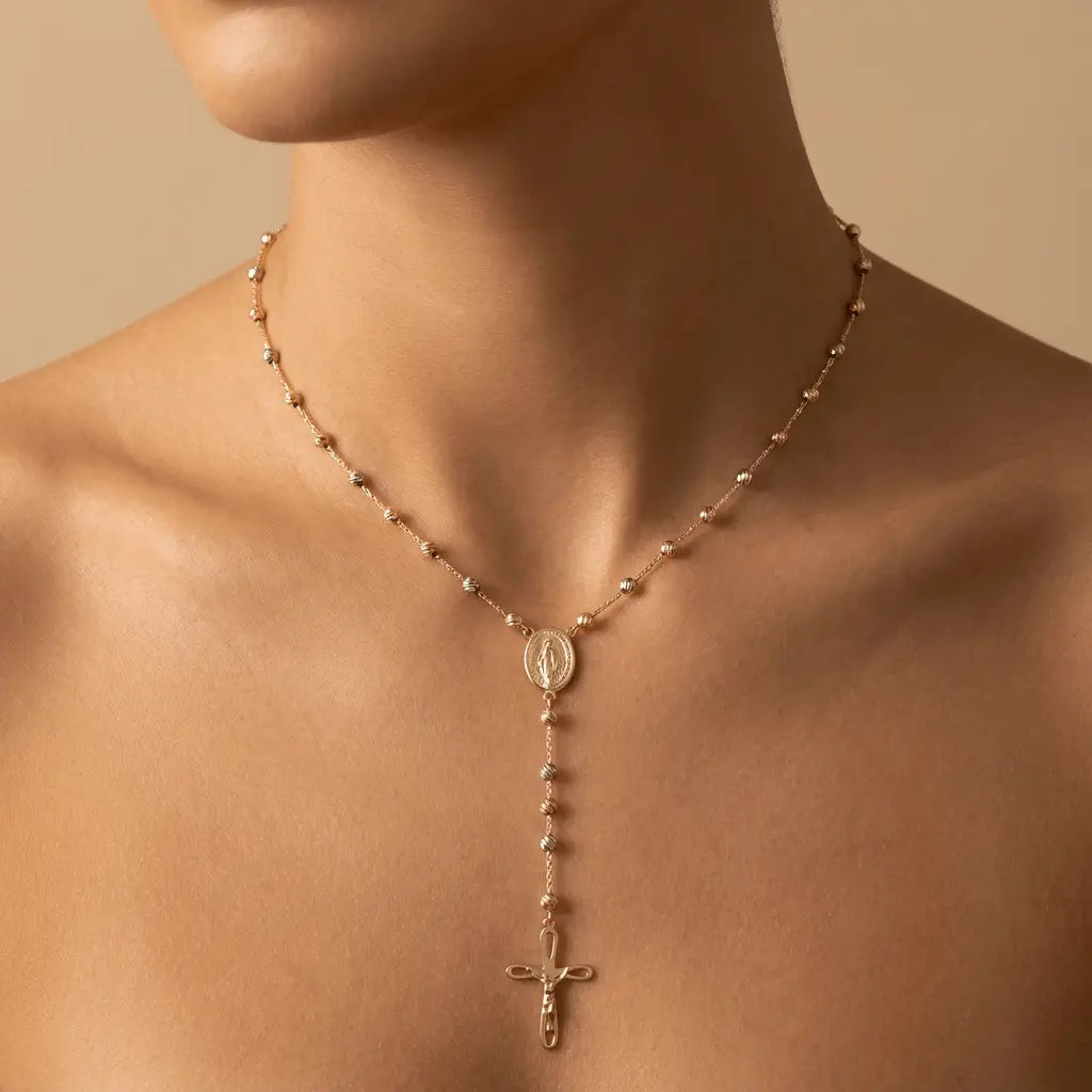 Tricolor Rosary-Style Gold Necklace