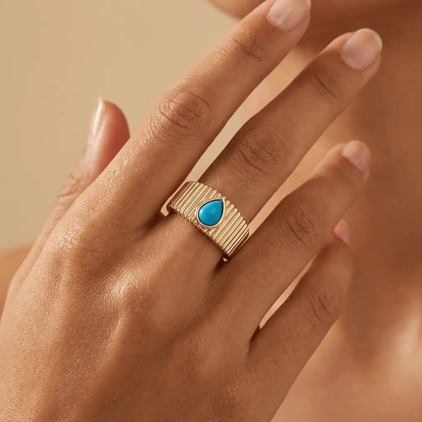 14ct/14K Gold Natural Turquoise Ring – Turquoise Drop Textured
