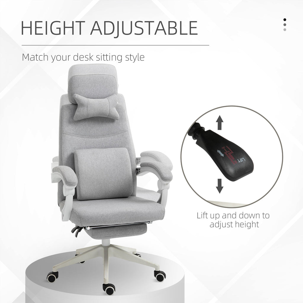 Vinsetto Office Chair, Ergonomic Desk Chair, High Back Fabric Work Chair with 160\'c2\'b0 Reclining Backrest, Retractable Footrest, Neck and Lumbar Pillow for Home and Study, Grey