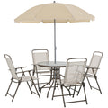 Outsunny Garden Patio Texteline Folding Chairs Plus Table and Parasol Furniture Bistro Set 6 Pieces - Coffee/Cream