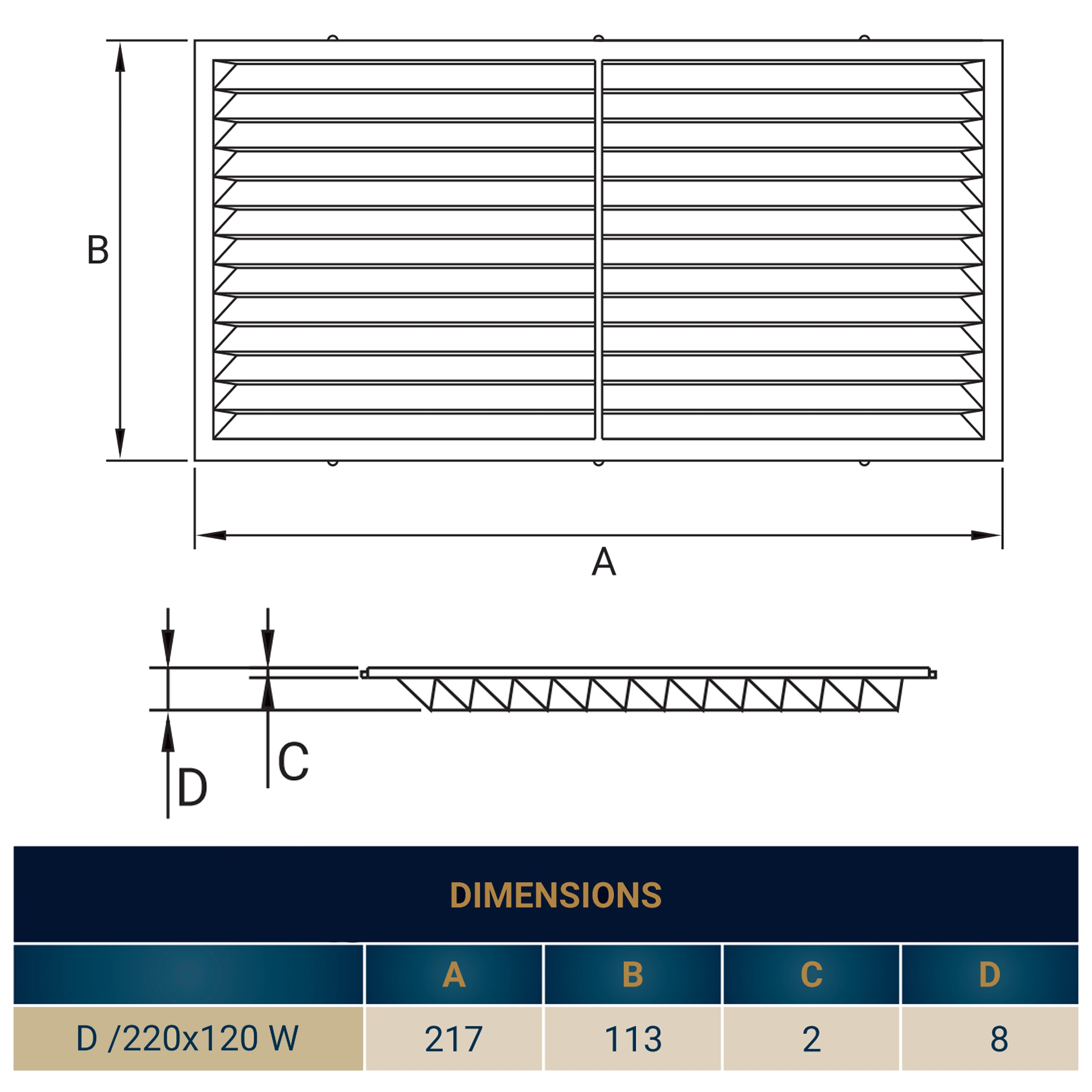 Louvre Vent  D/220X120W Classic 220mm X 120mm with Fly Screen