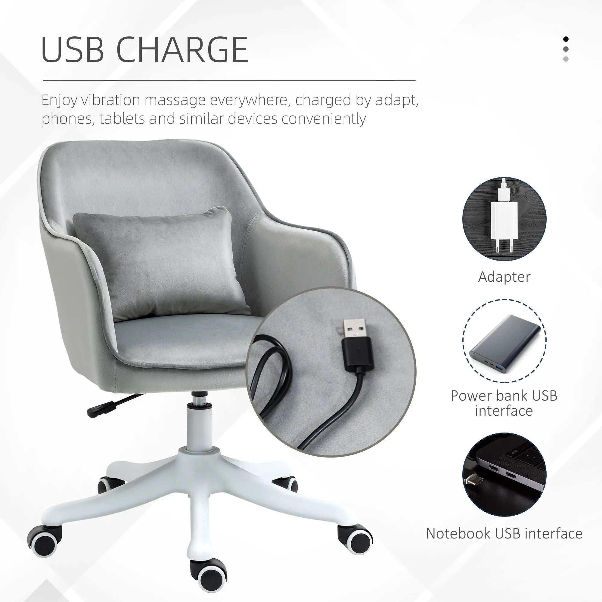 Vinsetto Velvet Office Chair, Desk Chair, Makeup Vanity Chair with Massage Lumbar Pillow and Rolling Wheels for Bedroom and Home, Grey