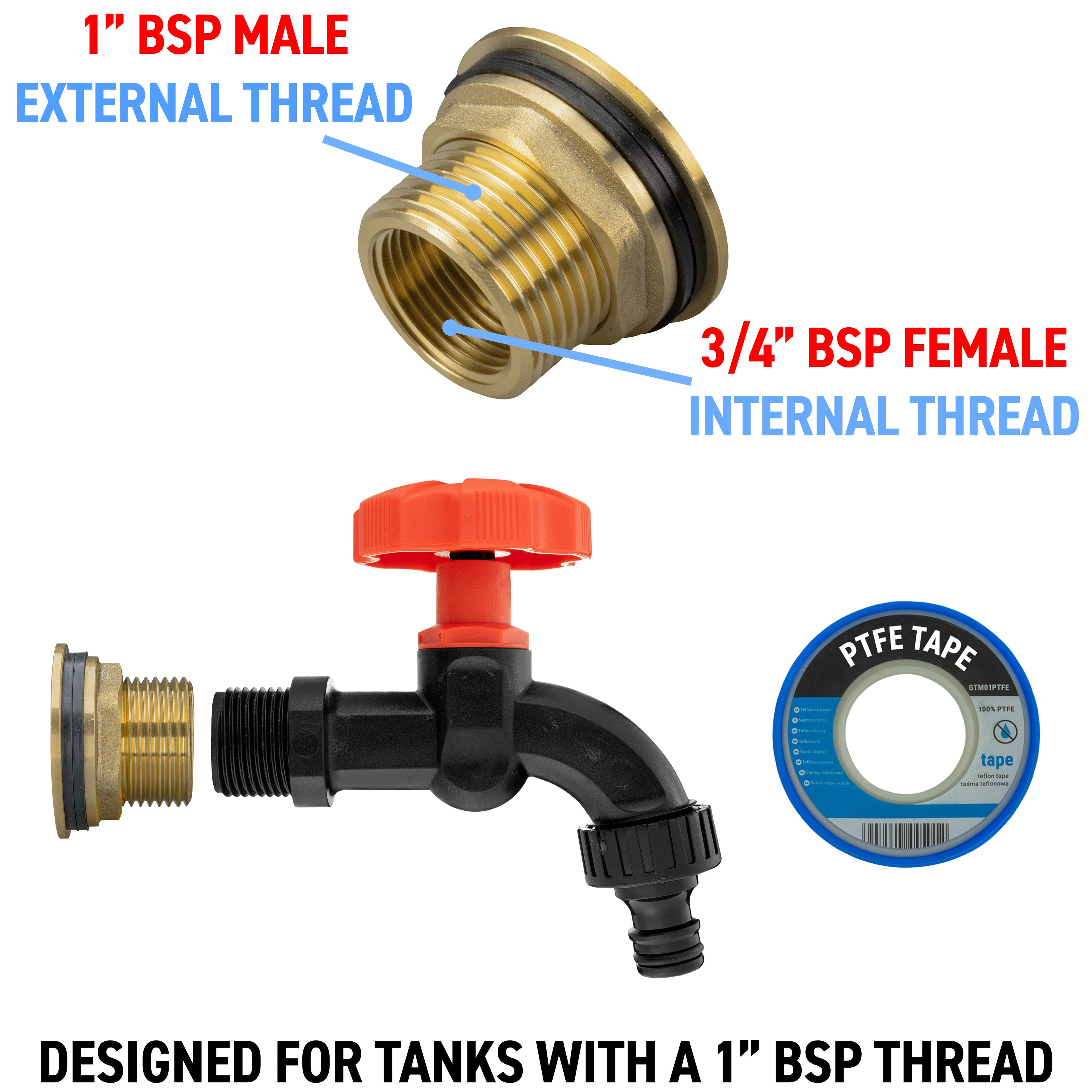Water Butt Brass Kit 1" with Black Dial Tap