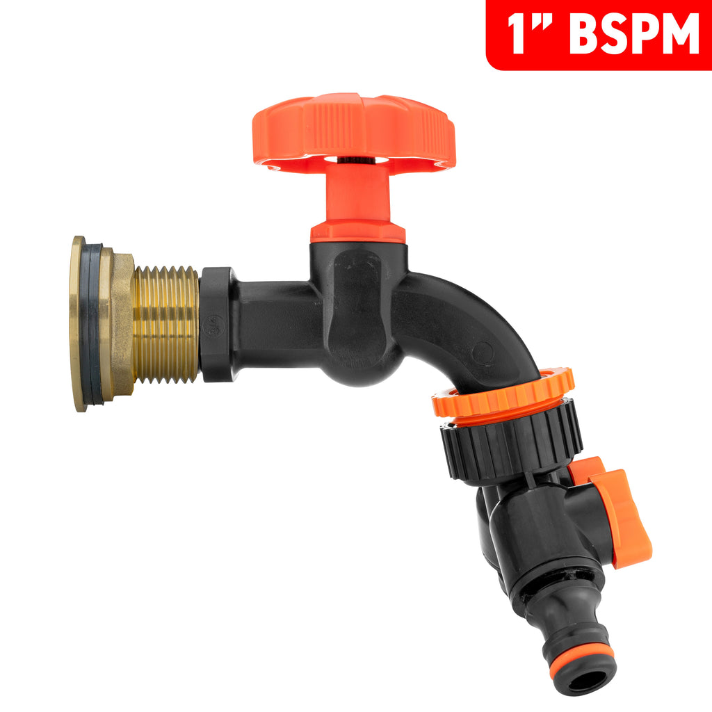 Water Butt Brass Kit 1" with Black Dial Tap + Two-Way Splitter
