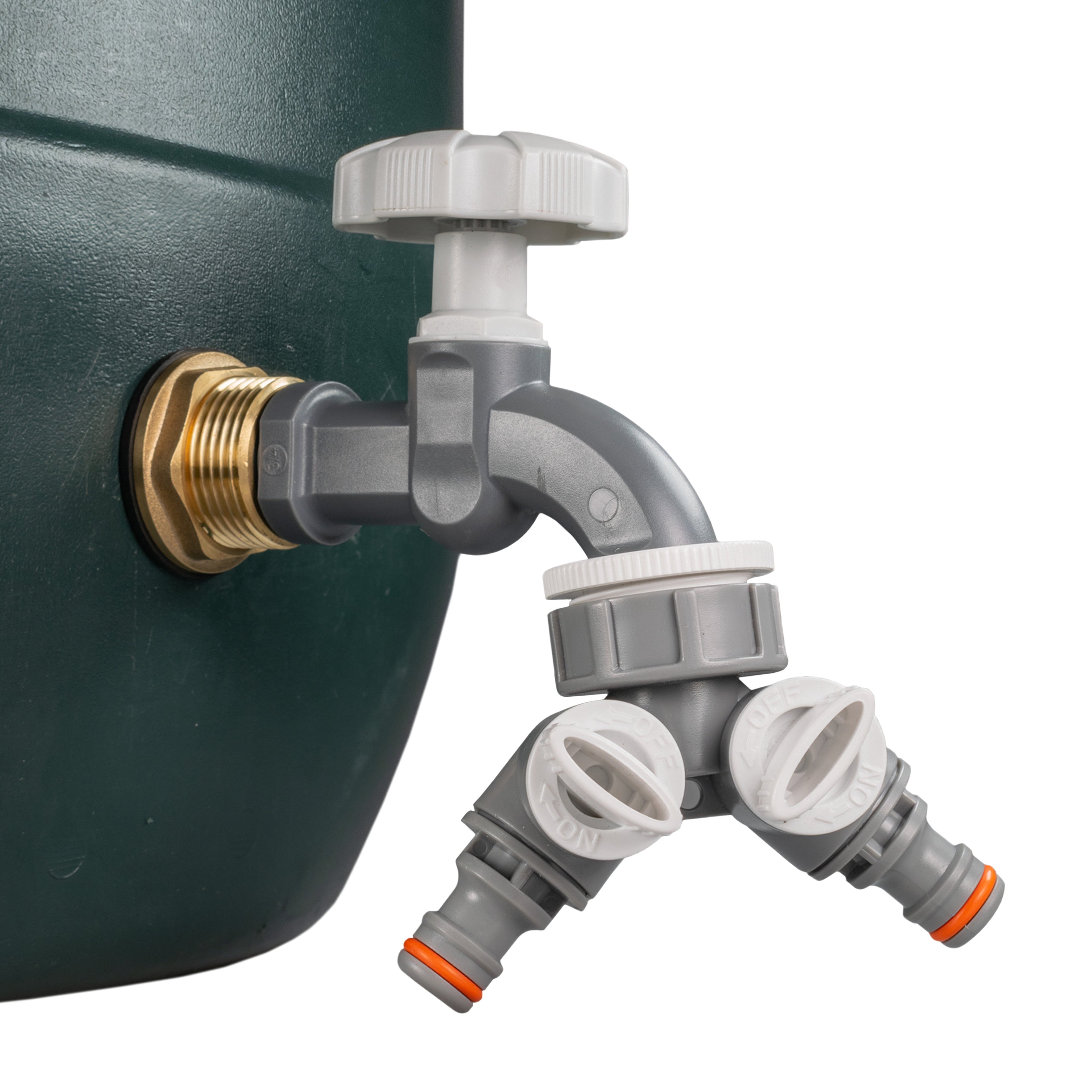 Water Butt Brass Kit 1" with Grey Dial Tap + Two-Way Splitter