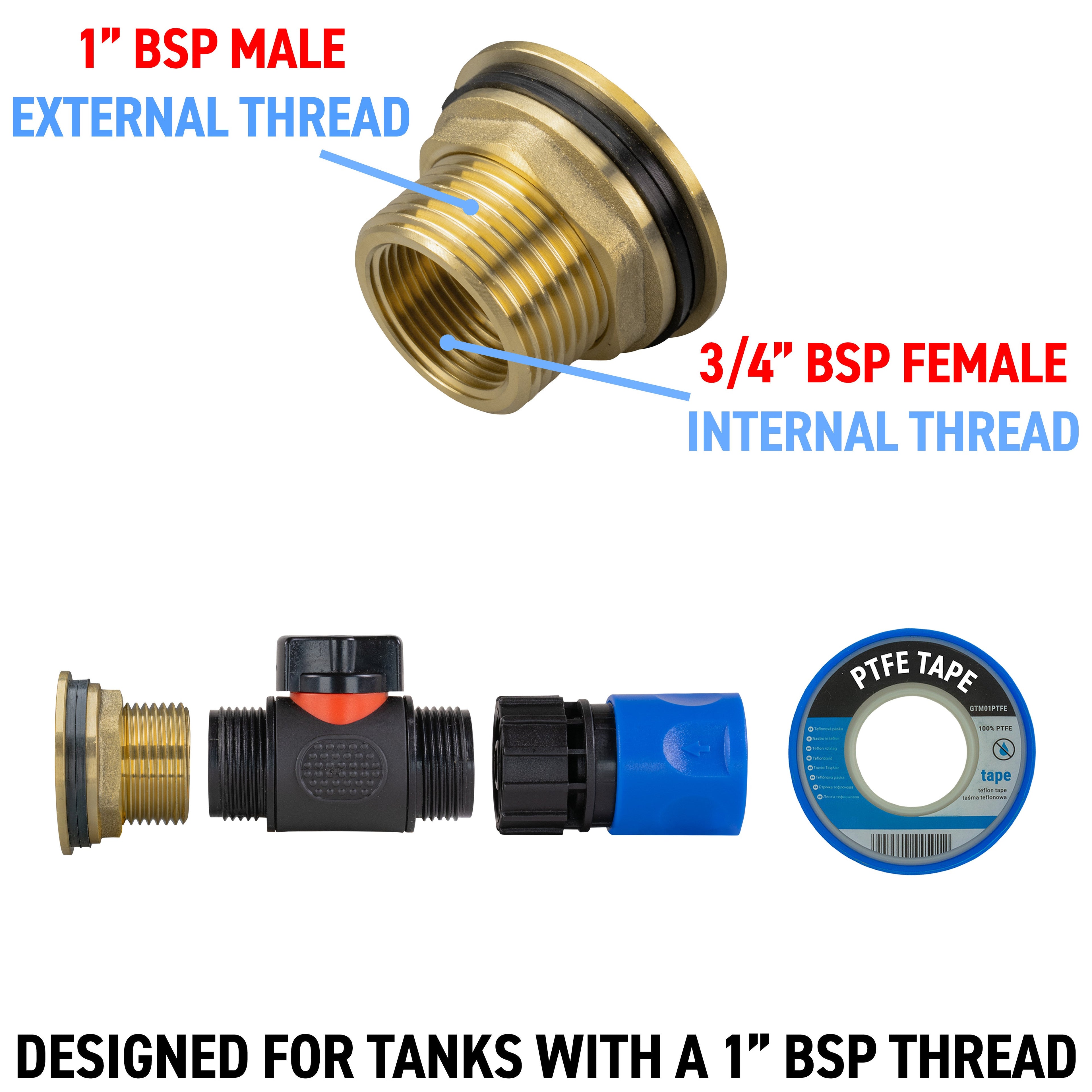 Water Butt Brass Kit 1" with In-Line Valve + Female Quick Connector Blue and Drill Bit