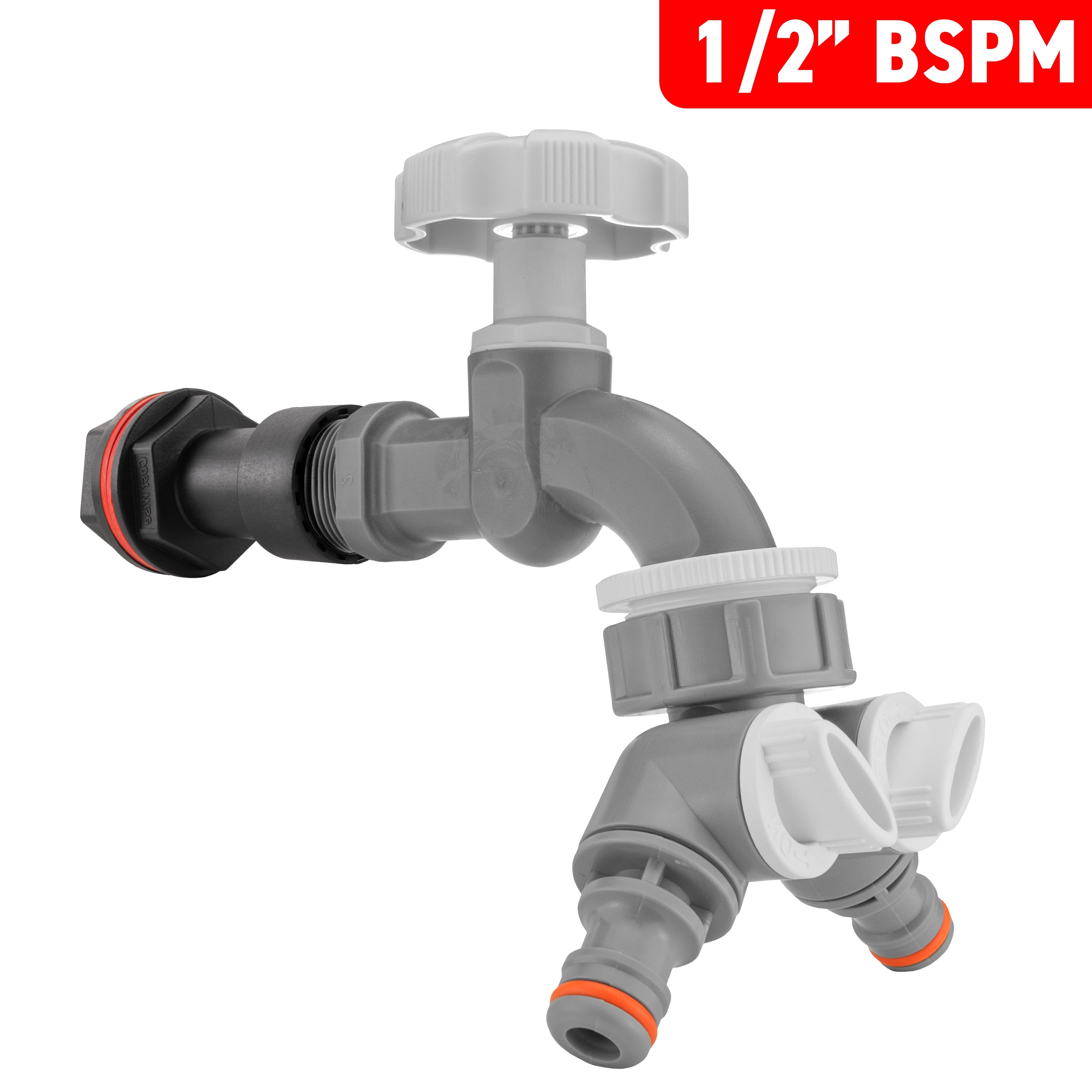 Water Butt Extension Kit 1/2" with Grey Dial Tap + Two-Way Splitter and Drill Bit
