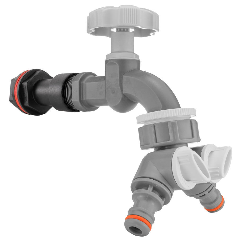 Water Butt Extension Kit 3/4" with Grey Dial Tap + Two-Way Splitter and Drill Bit
