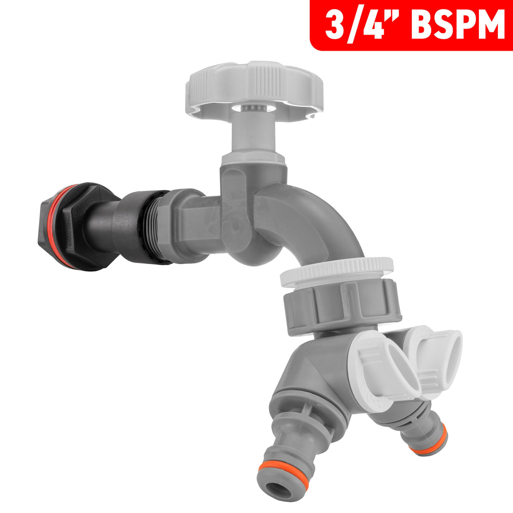 Water Butt Extension Kit 3/4" with Grey Dial Tap + Two-Way Splitter and Drill Bit