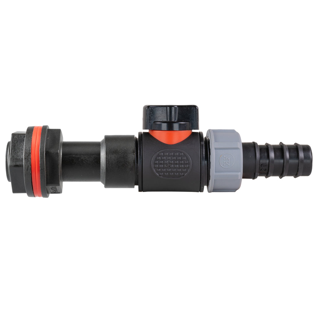 Water Butt Extension Kit 3/4" with In-Line Valve + 20mm Barb and Drill Bit