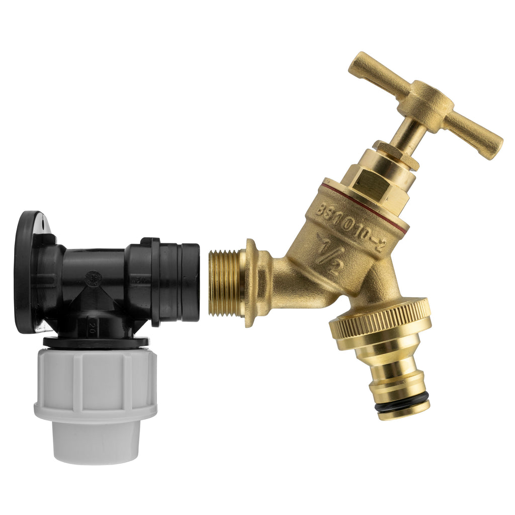 Wall Flange Kit 20mm MDPE - Brass Garden Tap 1/2" Snap On