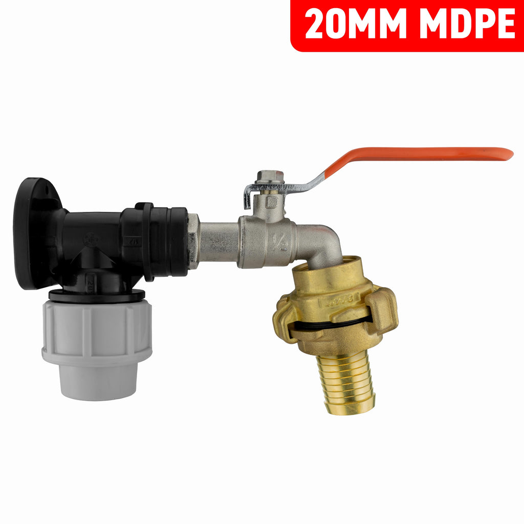 Wall Flange Kit 20mm MDPE + Lever Tap + 25mm Barbed Geka Set