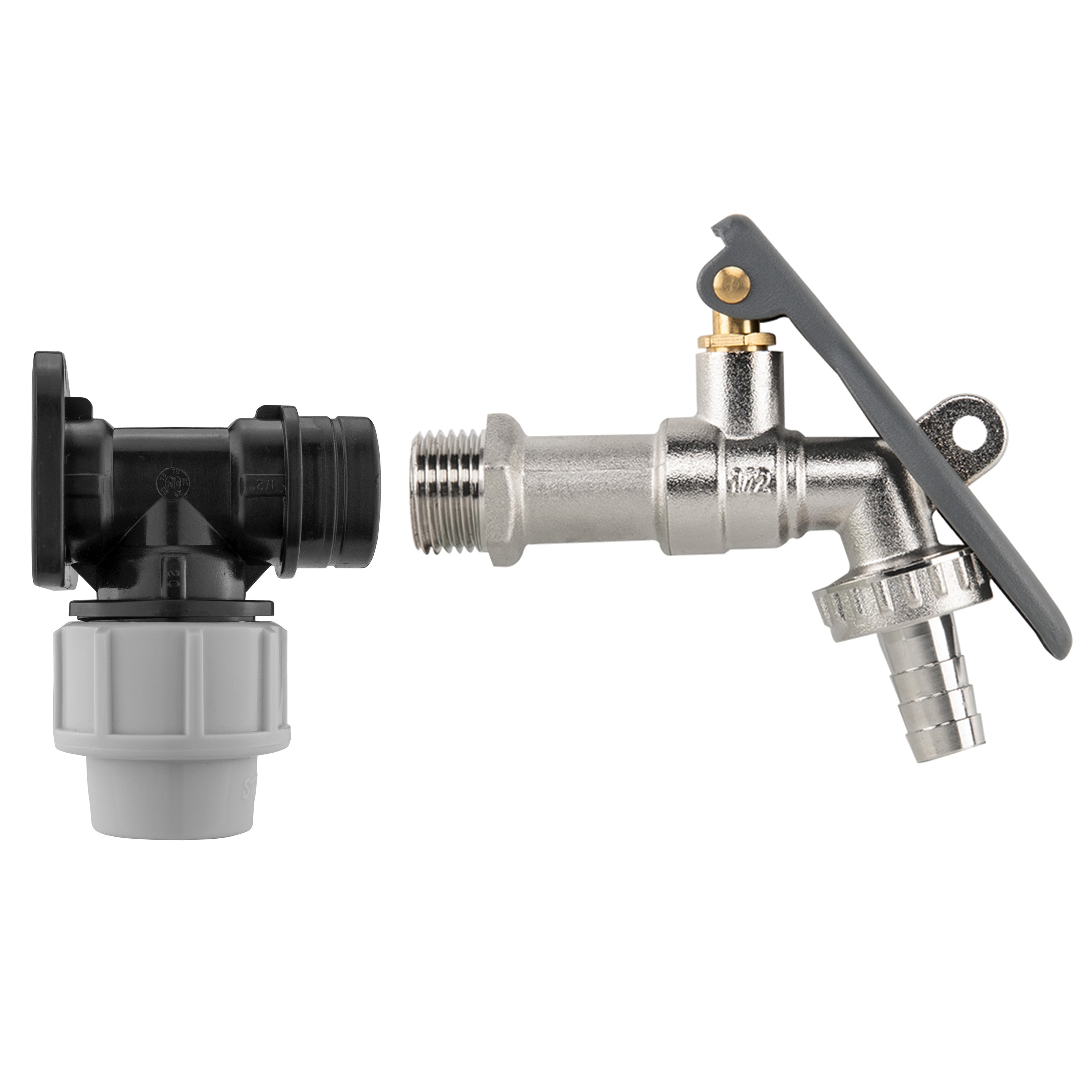 IBC 2" S60X6 - 1/2" BSP Extender Adaptor with Lever Tap Hose Barb and Lever Lock