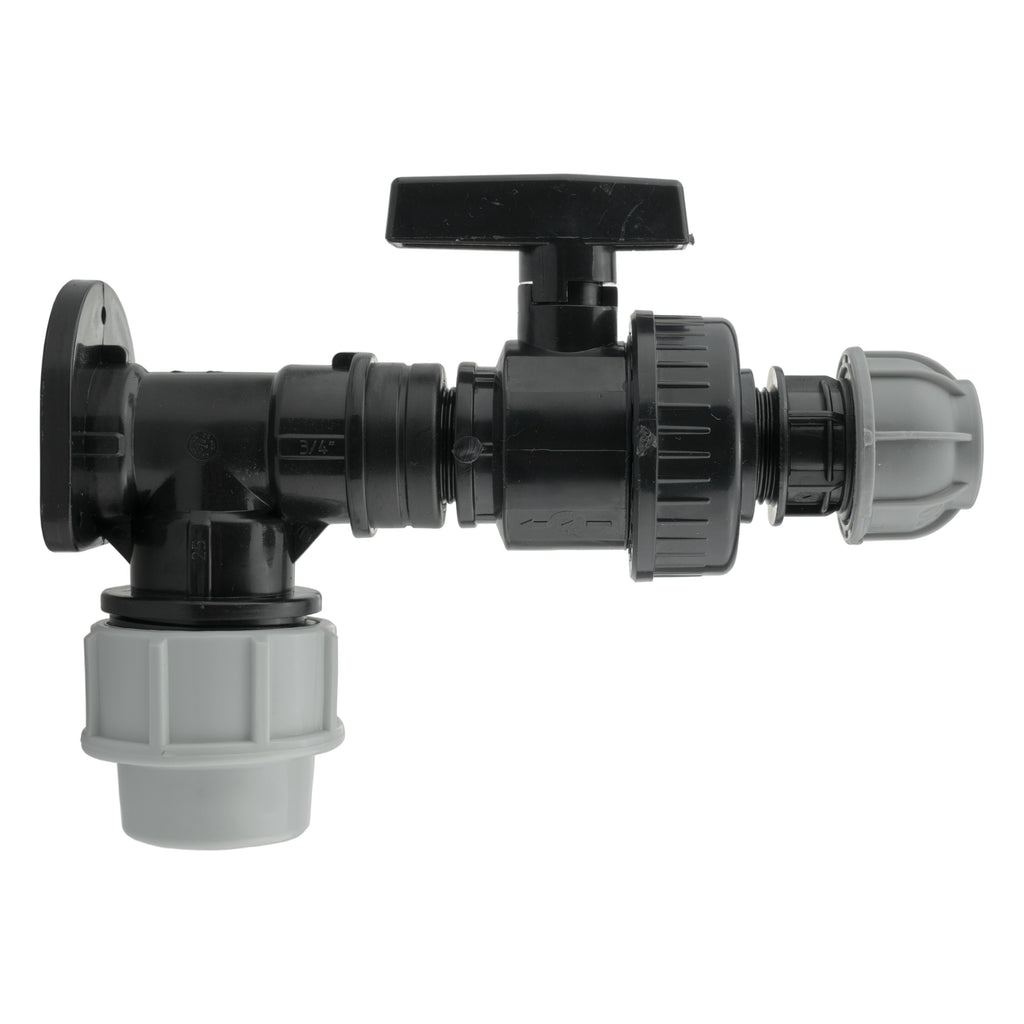 Wall Flange Kit 25mm MDPE + Large Plastic Valve & 20mm MDPE Straight