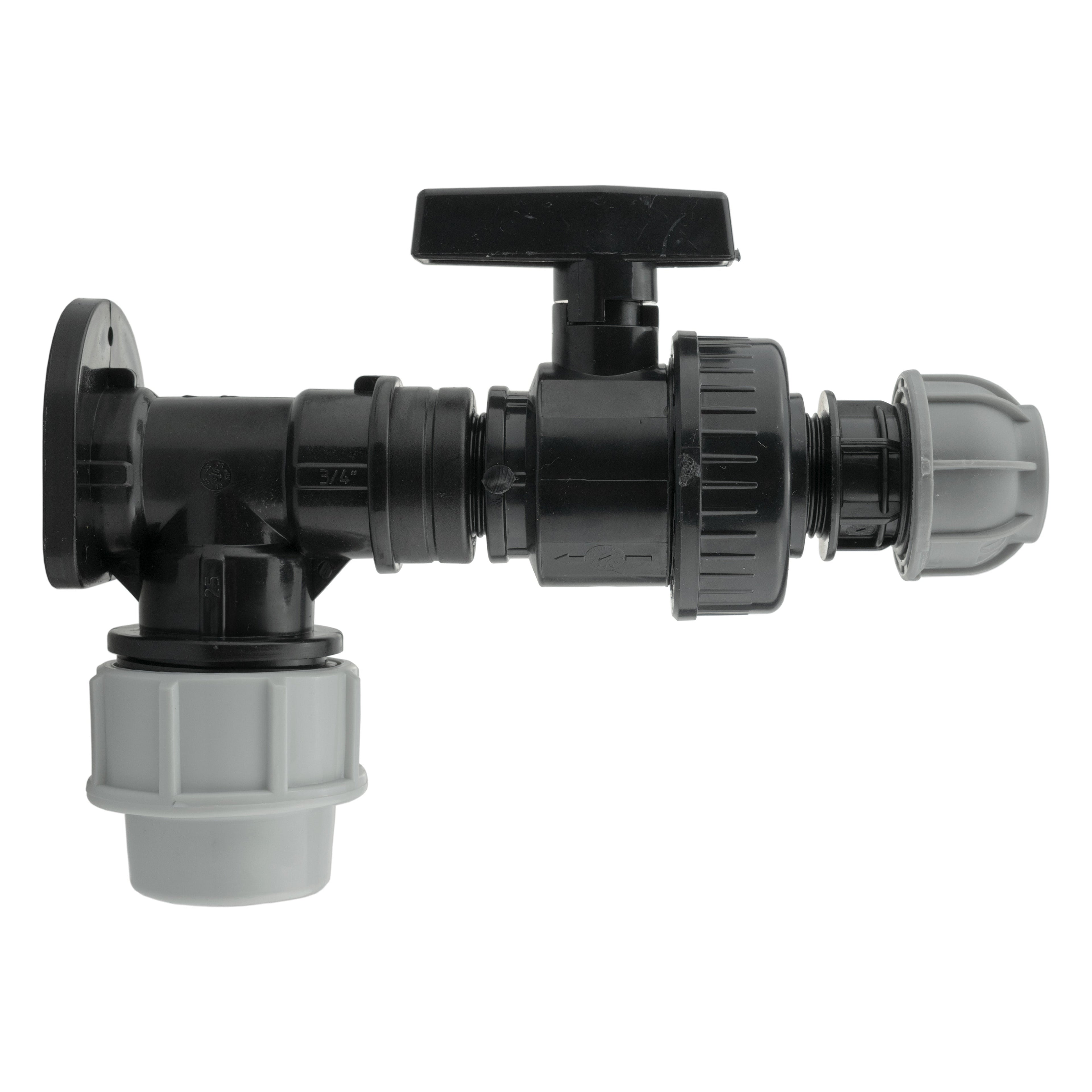 Wall Flange Kit 25mm MDPE + Large Plastic Valve & 20mm MDPE Straight