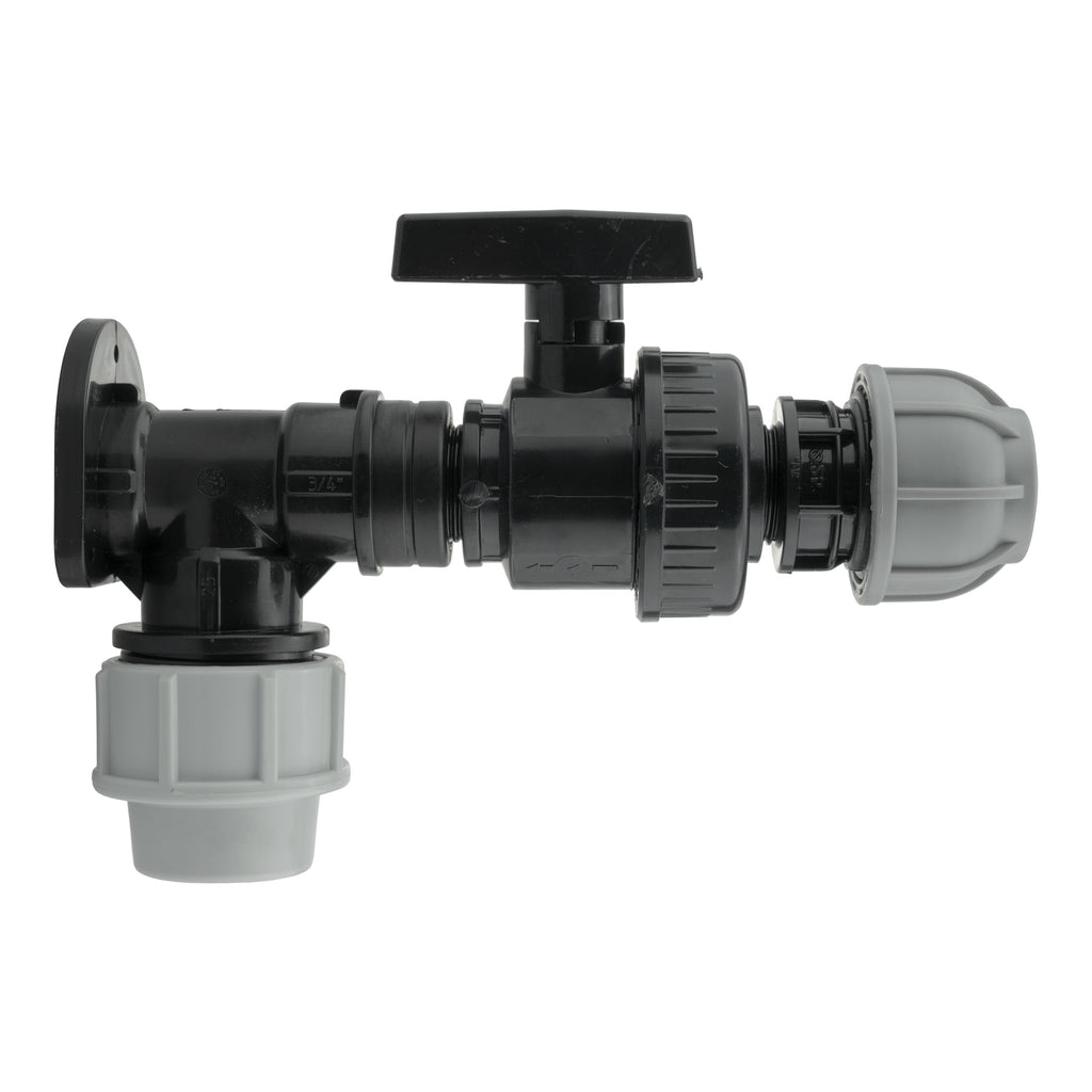 Wall Flange Kit 25mm MDPE + Large Plastic Valve & 25mm MDPE Straight