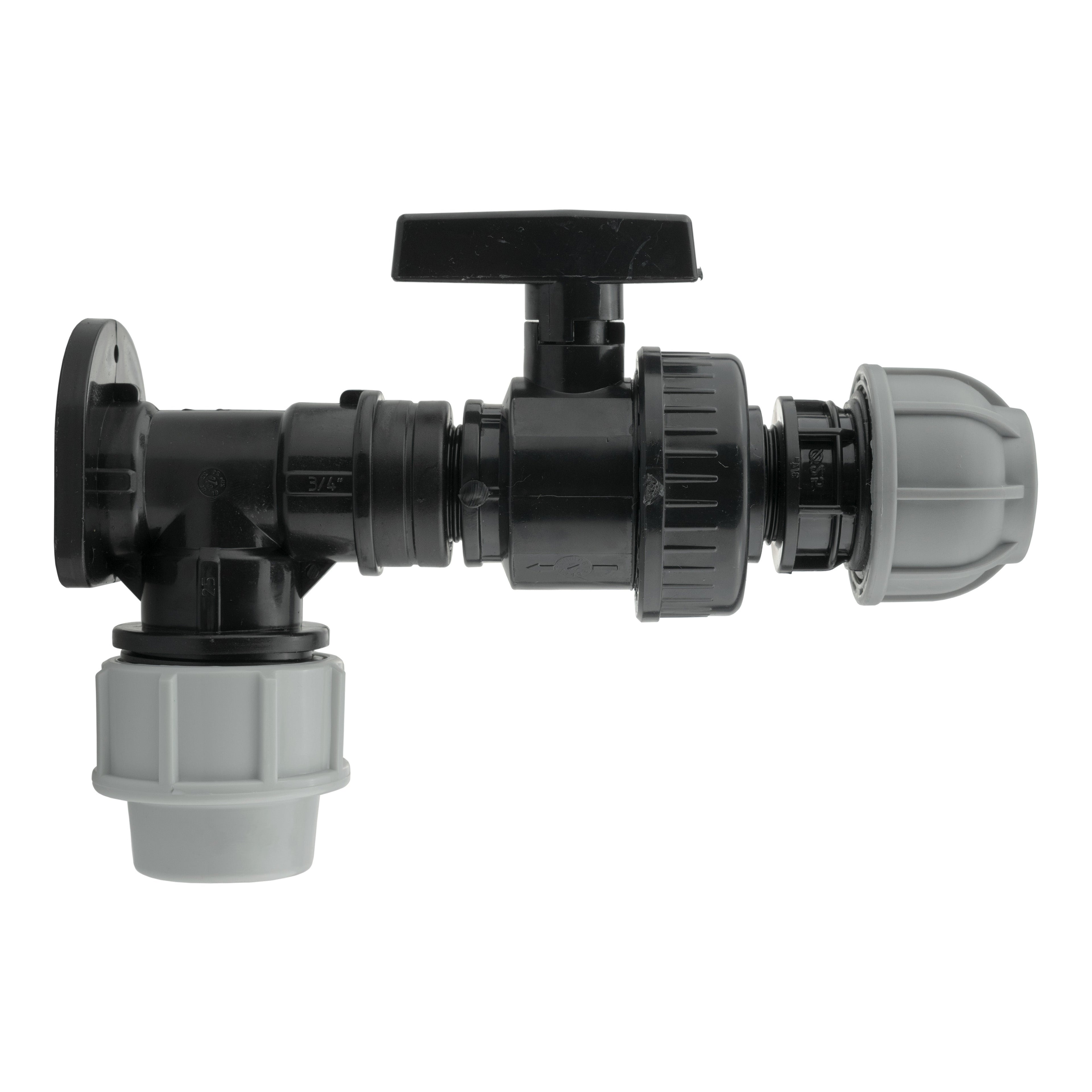 Wall Flange Kit 25mm MDPE + Large Plastic Valve & 25mm MDPE Straight
