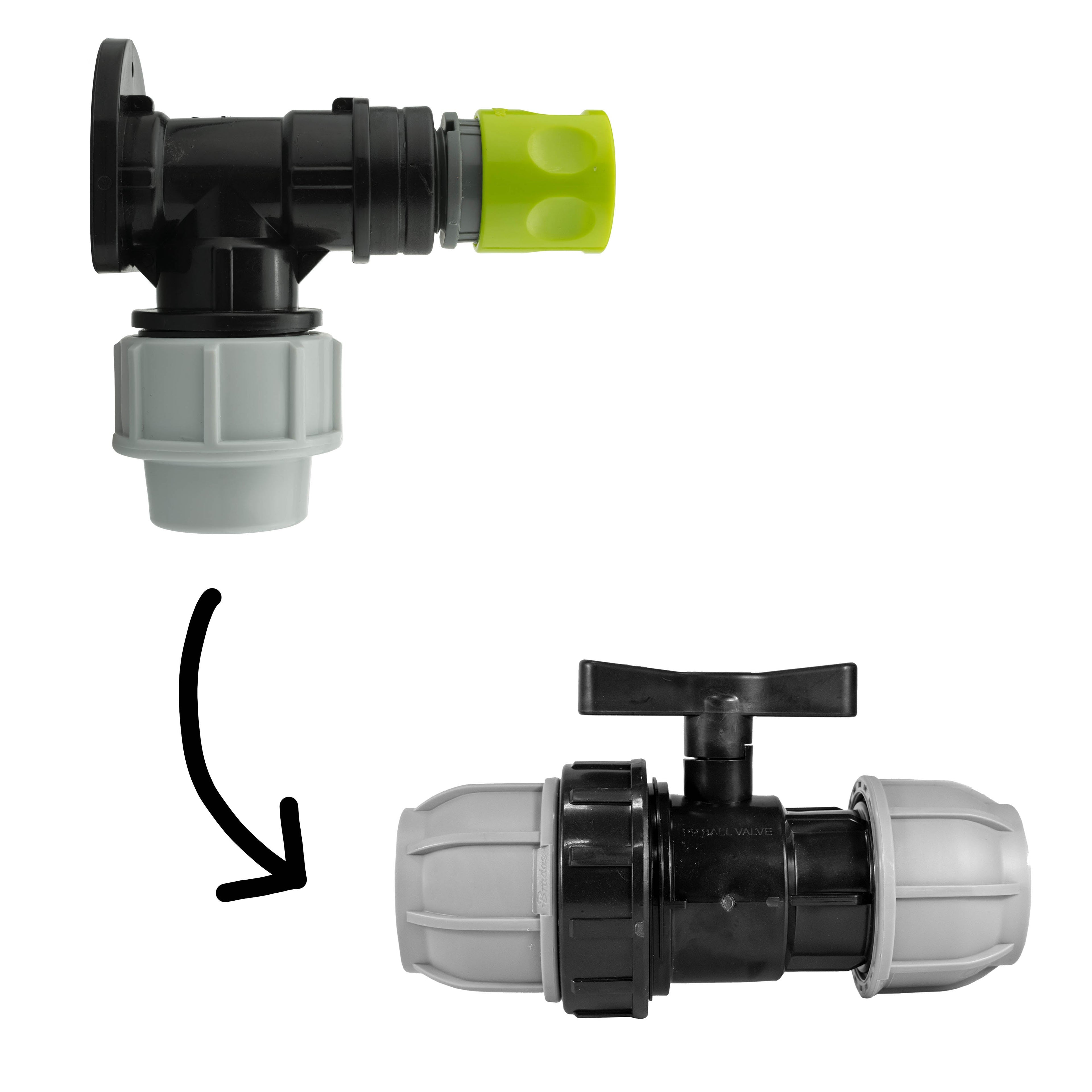 Wall Flange Kit 32mm MDPE + 32mm MDPE Valve + Female Quick Connector