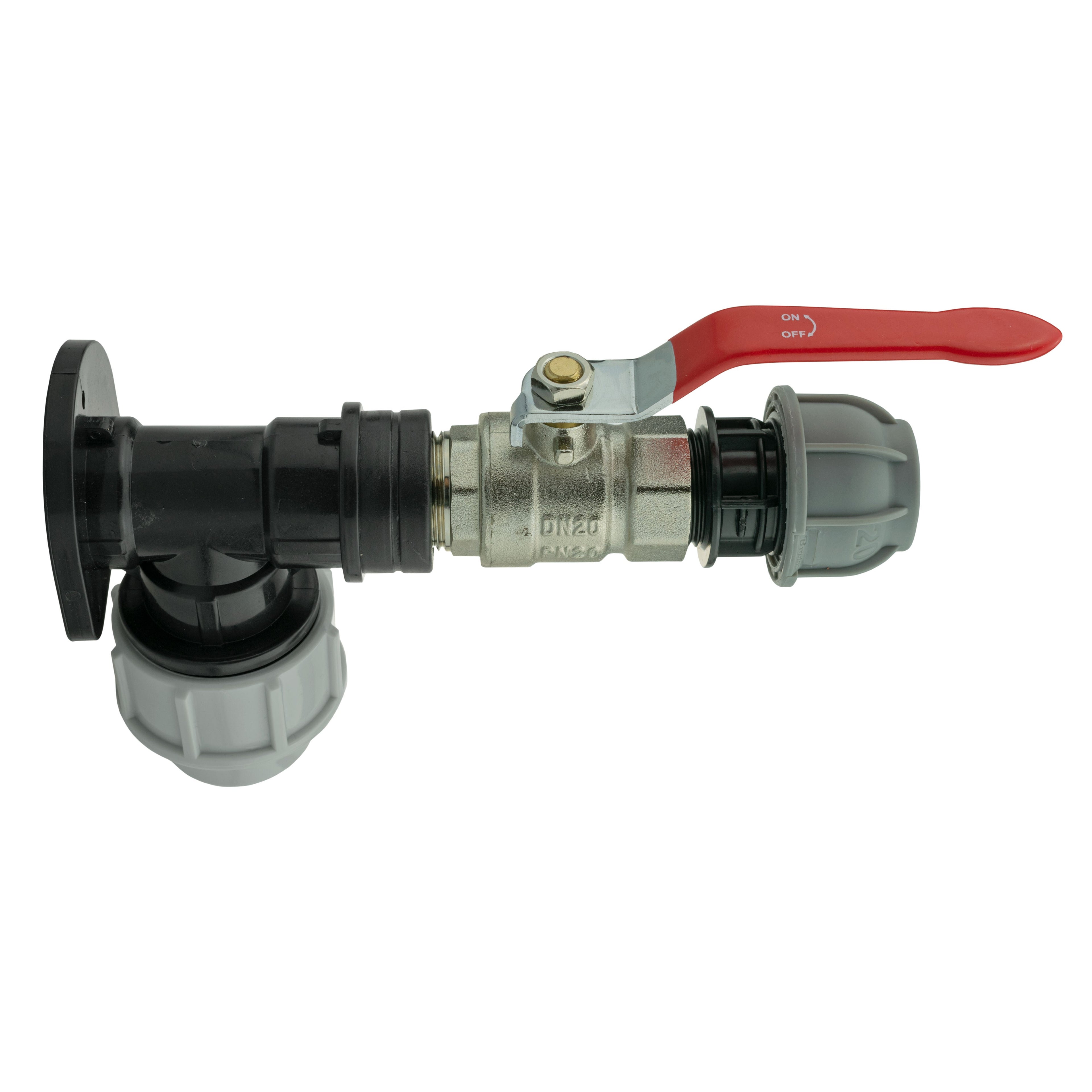 Wall Flange Kit 32mm MDPE + Lever Valve + 20mm MDPE Straight