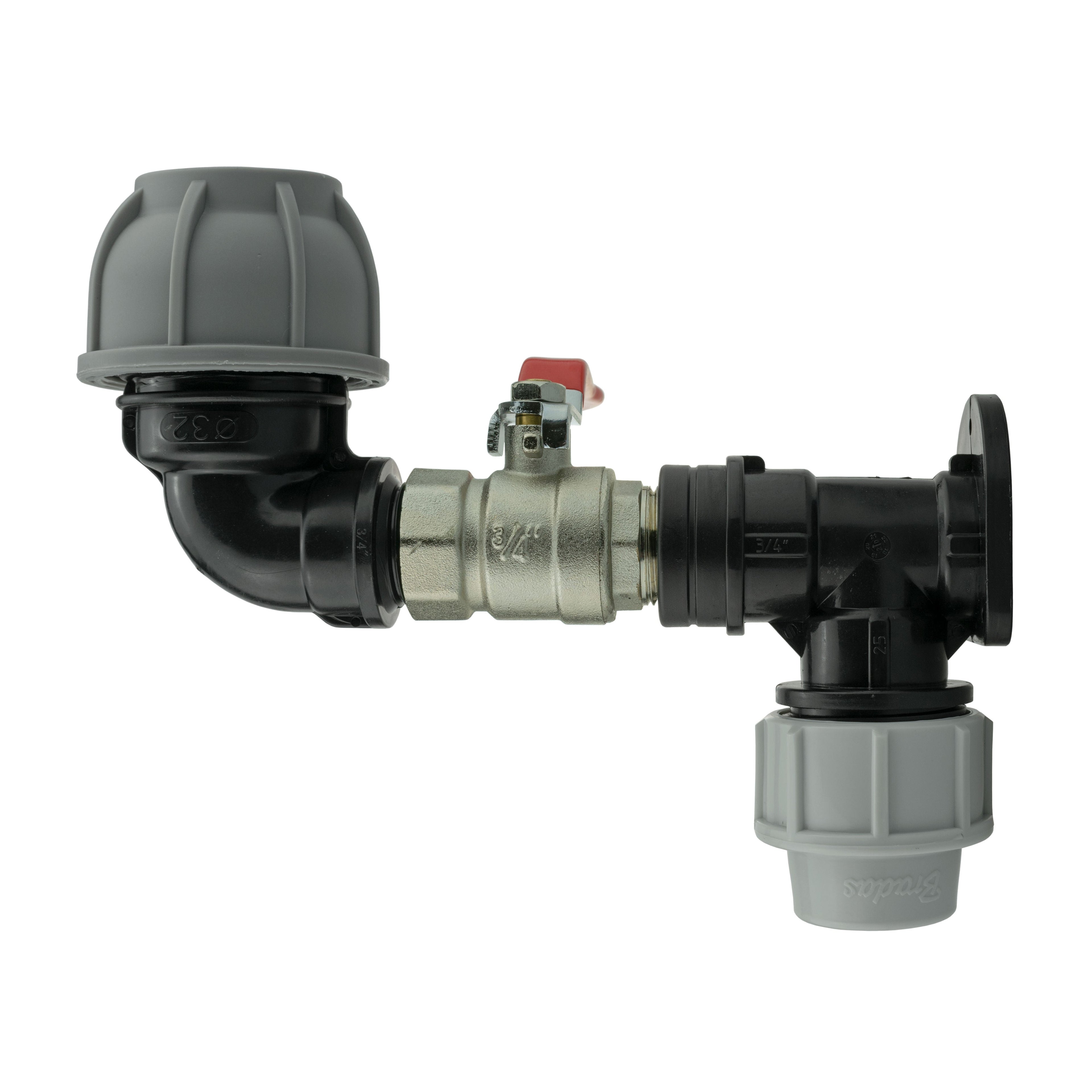 Wall Flange Kit 32mm MDPE + Lever Valve + 32mm MDPE Elbow