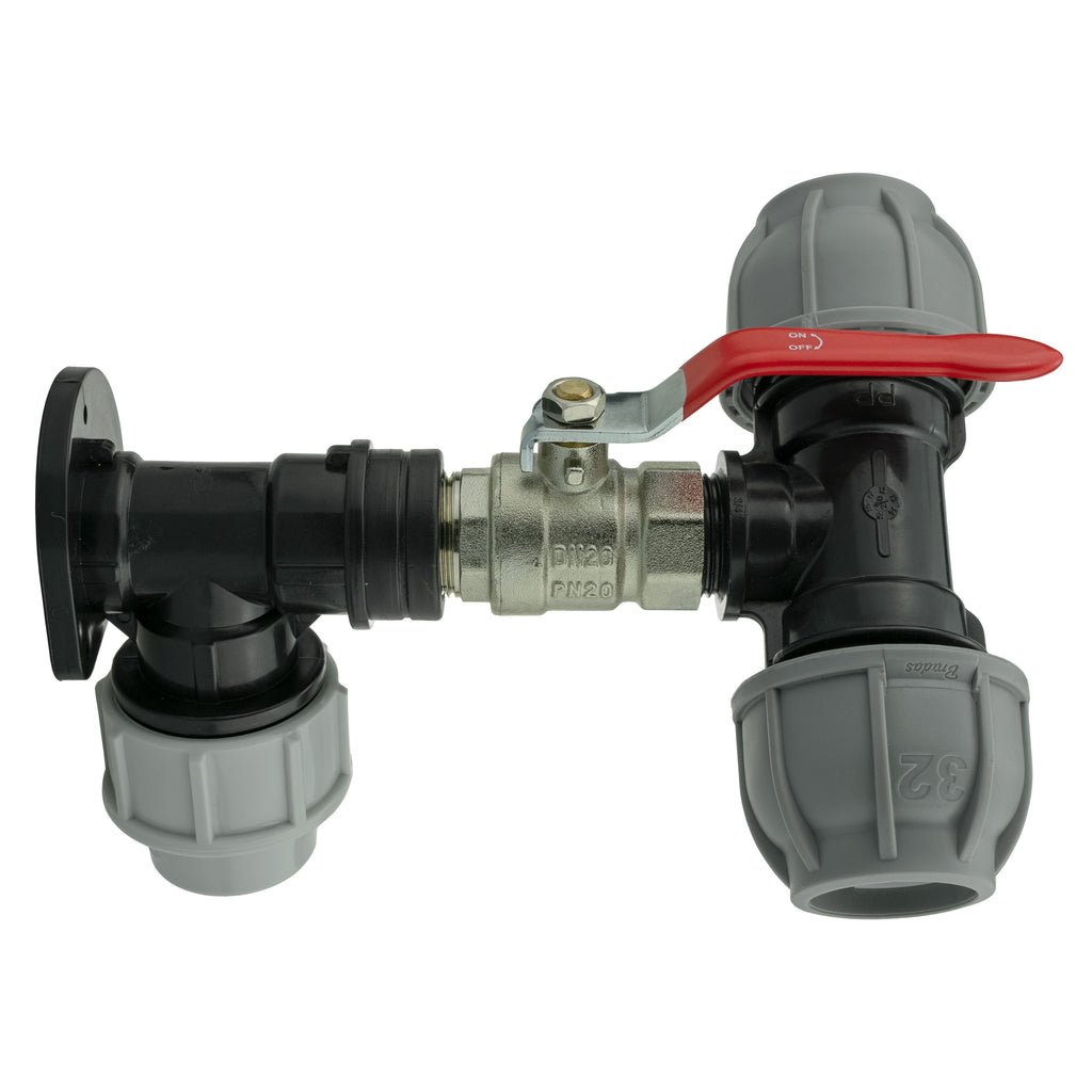 Wall Flange Kit 32mm MDPE + Lever Valve + 32mm MDPE Tee