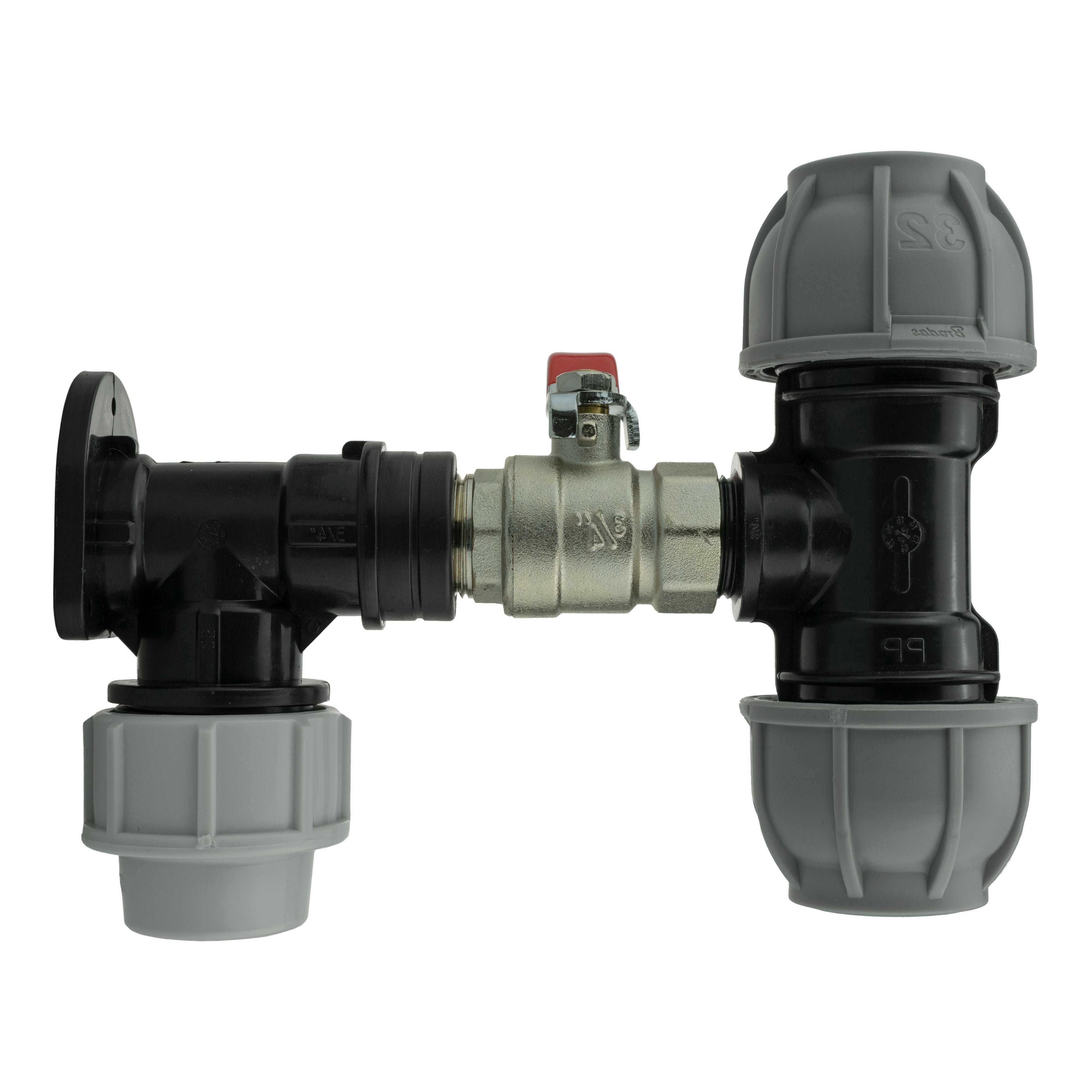 Wall Flange Kit 32mm MDPE + Lever Valve + 32mm MDPE Tee
