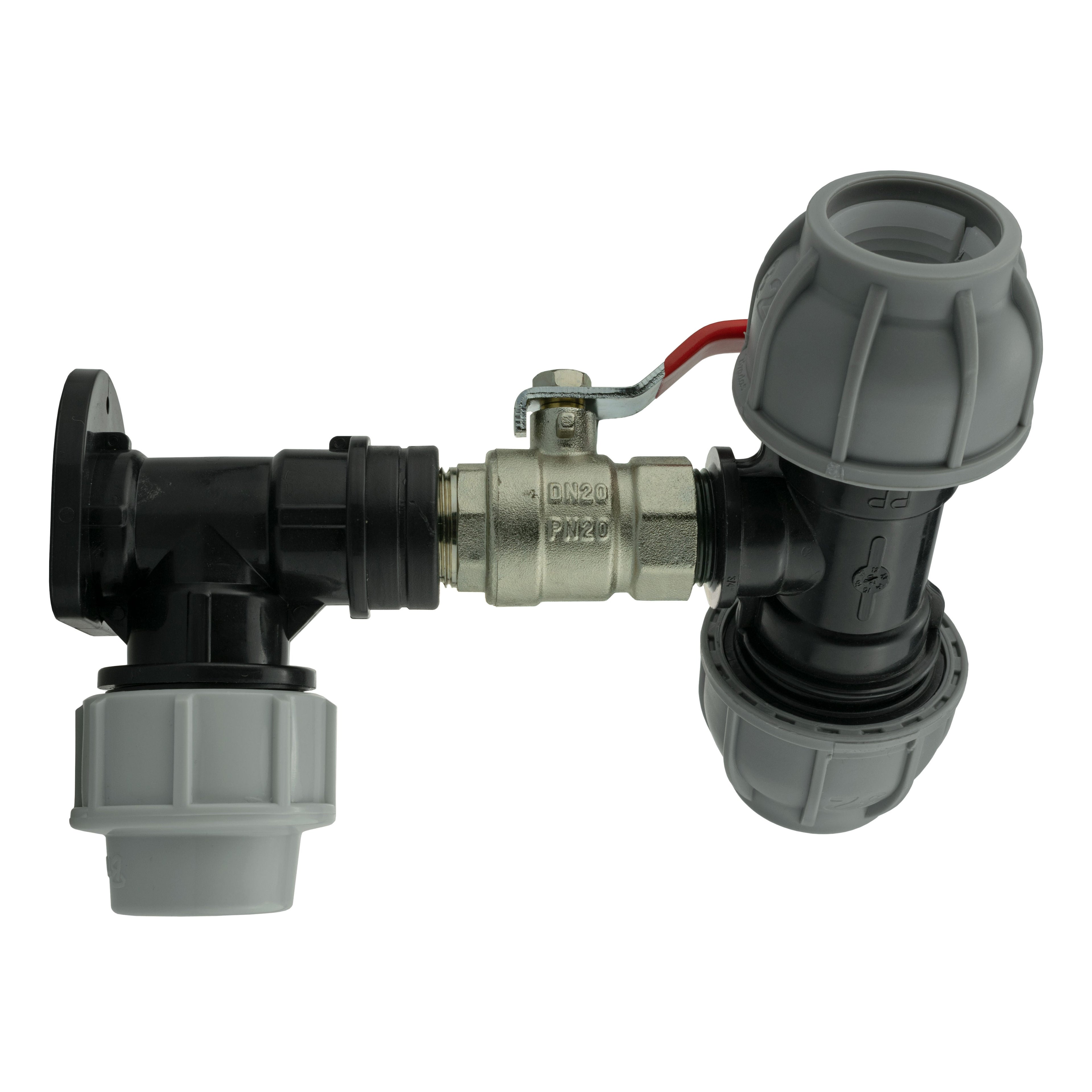 Wall Flange Kit 32mm MDPE + Lever Valve + 32mm MDPE Tee