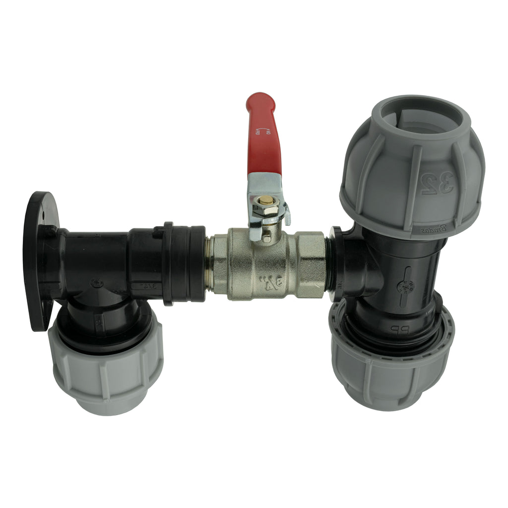 Wall Flange Kit 32mm MDPE + Lever Valve + 32mm MDPE Tee