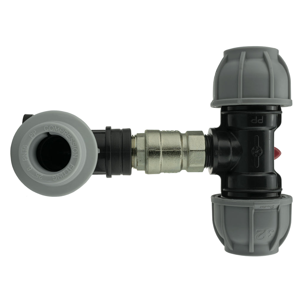 Wall Flange Kit 32mm MDPE + Lever Valve + 32mm MDPE Tee
