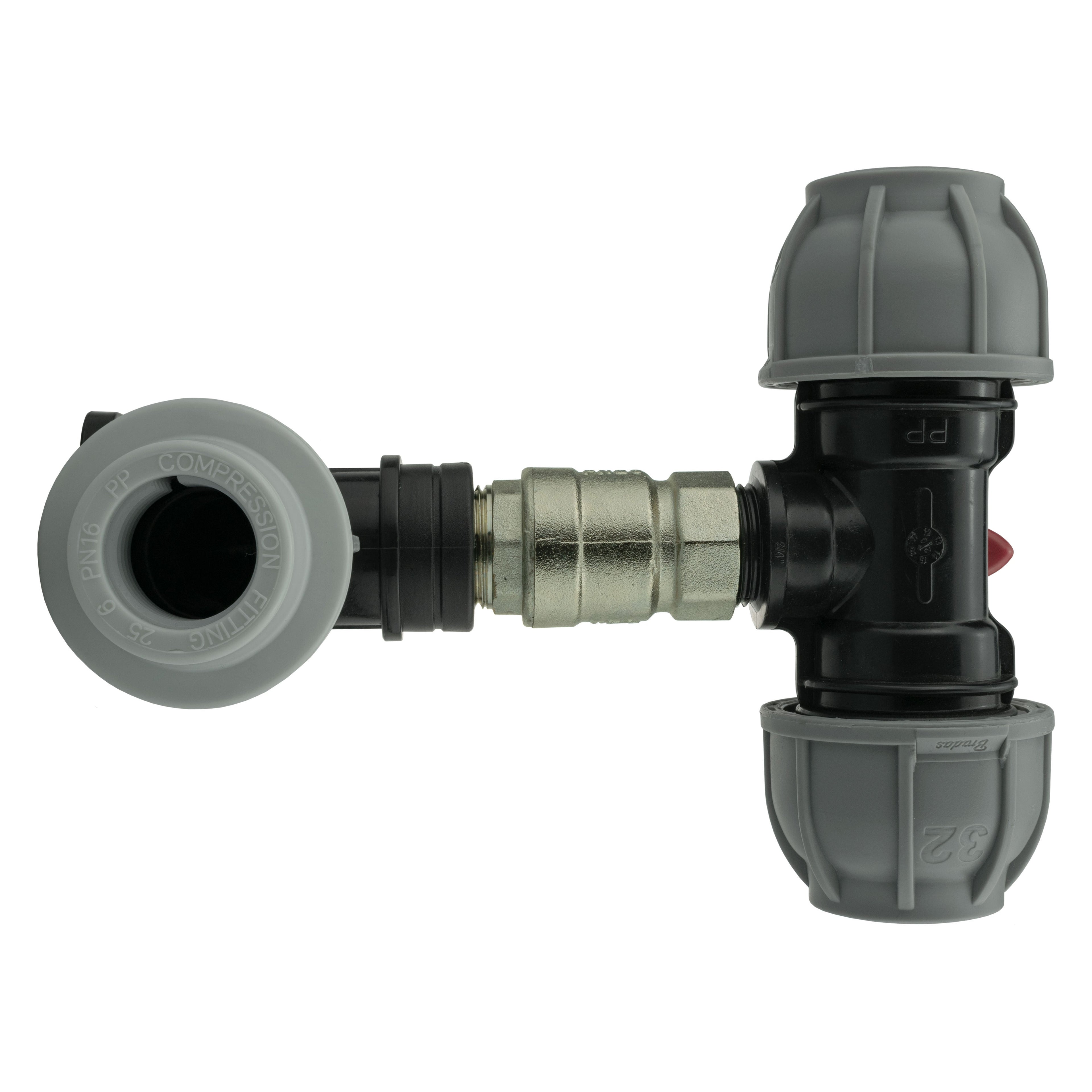 Wall Flange Kit 32mm MDPE + Lever Valve + 32mm MDPE Tee