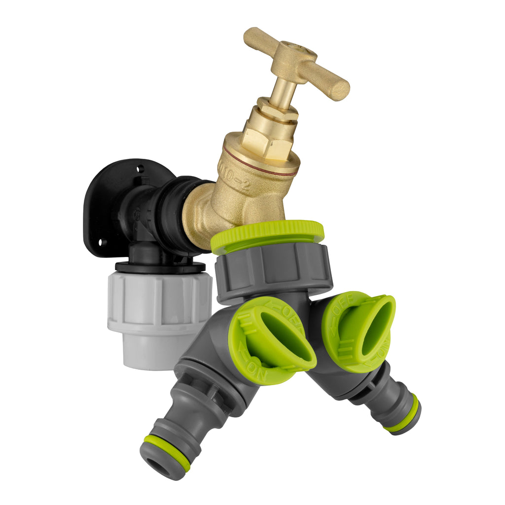 Wall Flange Kit 25mm MDPE + Brass Bib Tap + Lime Two Way Tap Splitter