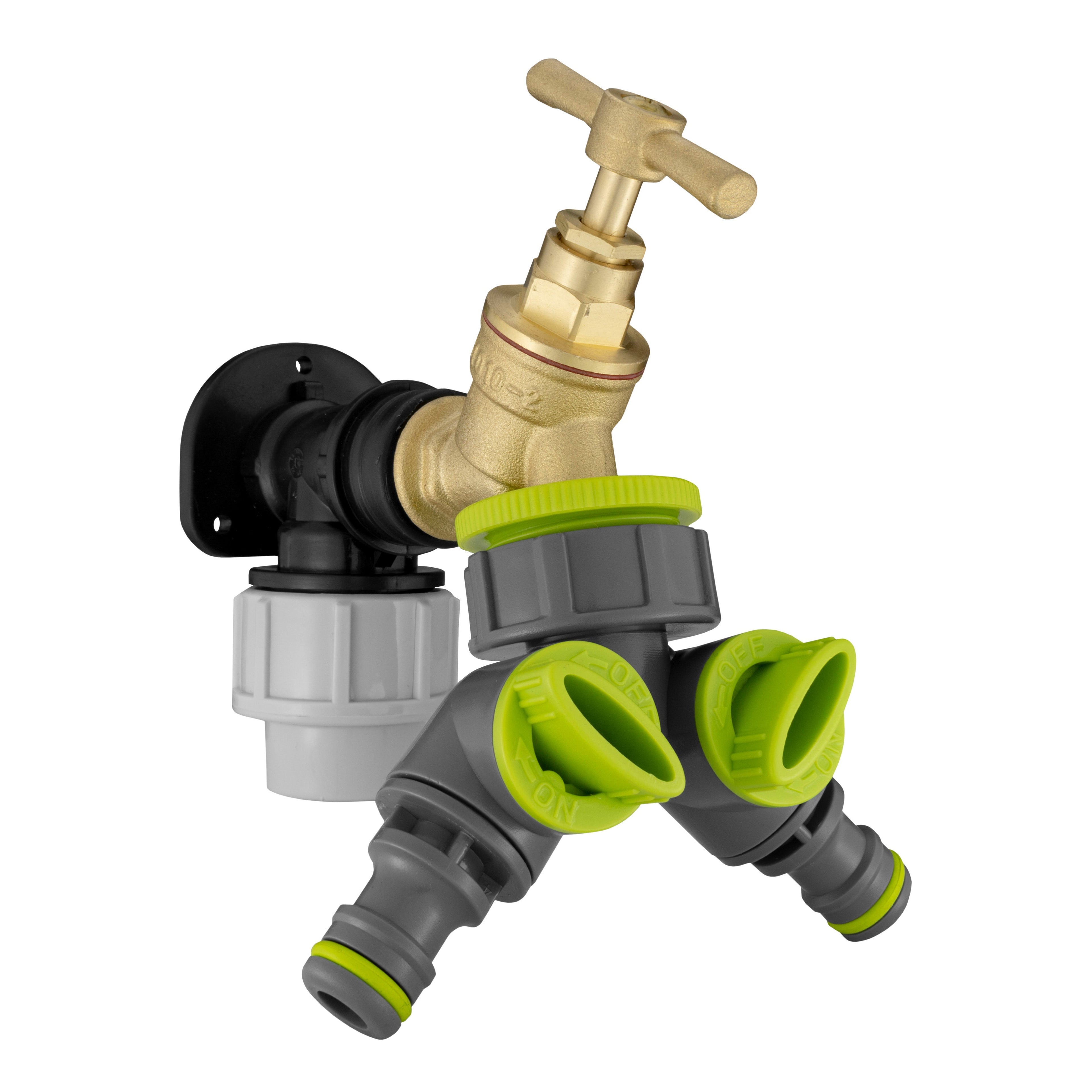Wall Flange Kit 25mm MDPE + Brass Bib Tap + Lime Two Way Tap Splitter