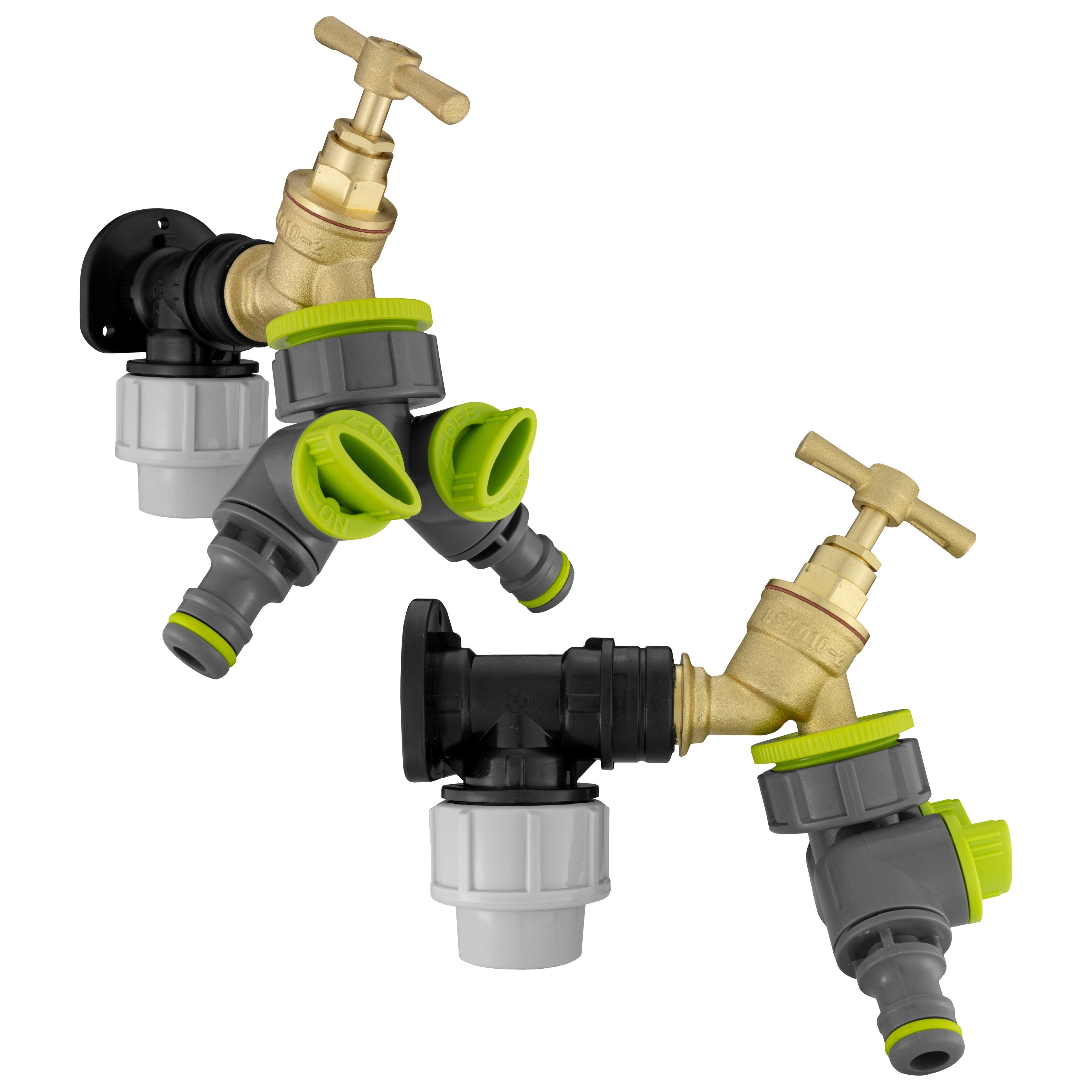 Wall Flange Kit 32mm MDPE + Brass Bib Tap + Lime Two Way Tap Splitter