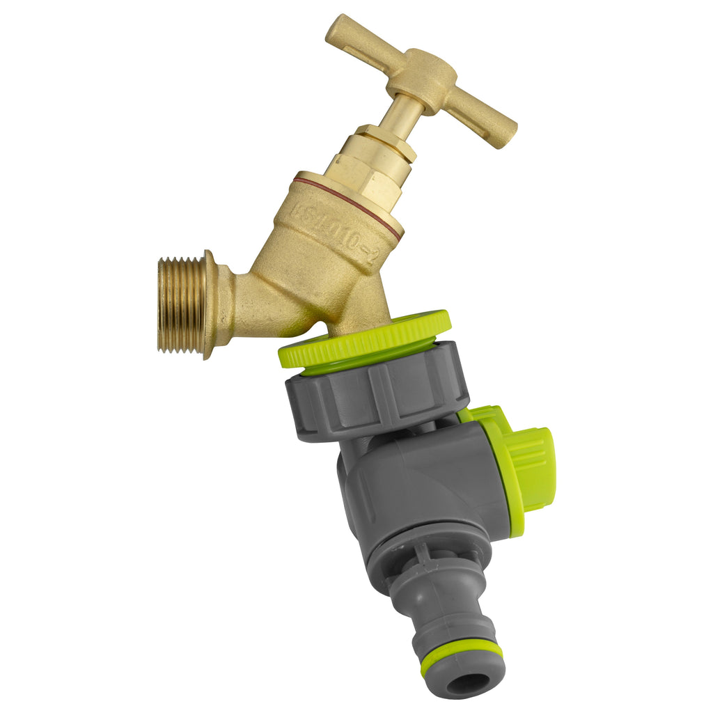 Wall Flange Kit 25mm MDPE + Brass Bib Tap + Lime Two Way Tap Splitter