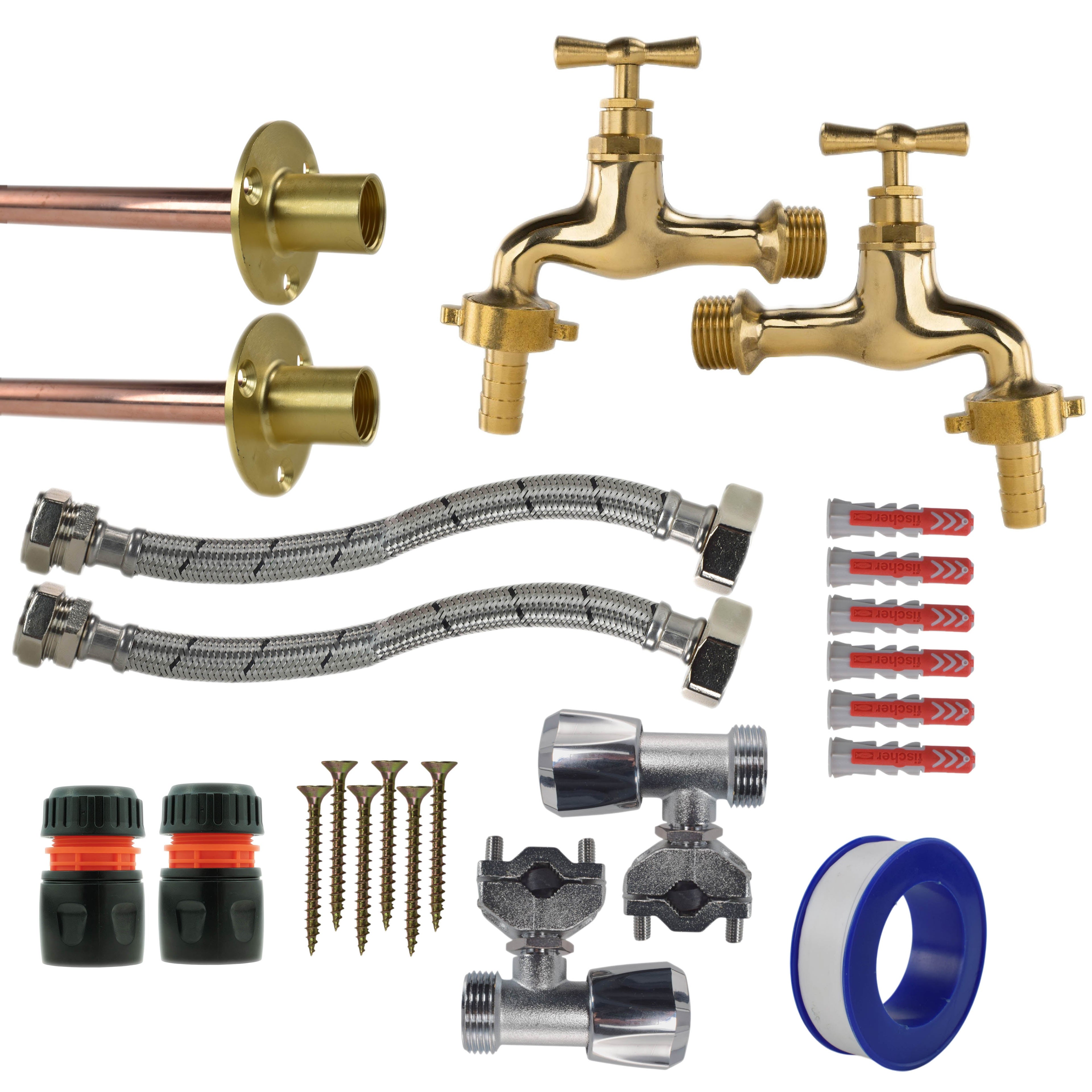 Polished Brass 13mm Barb Tap FULL Connection Kit x2