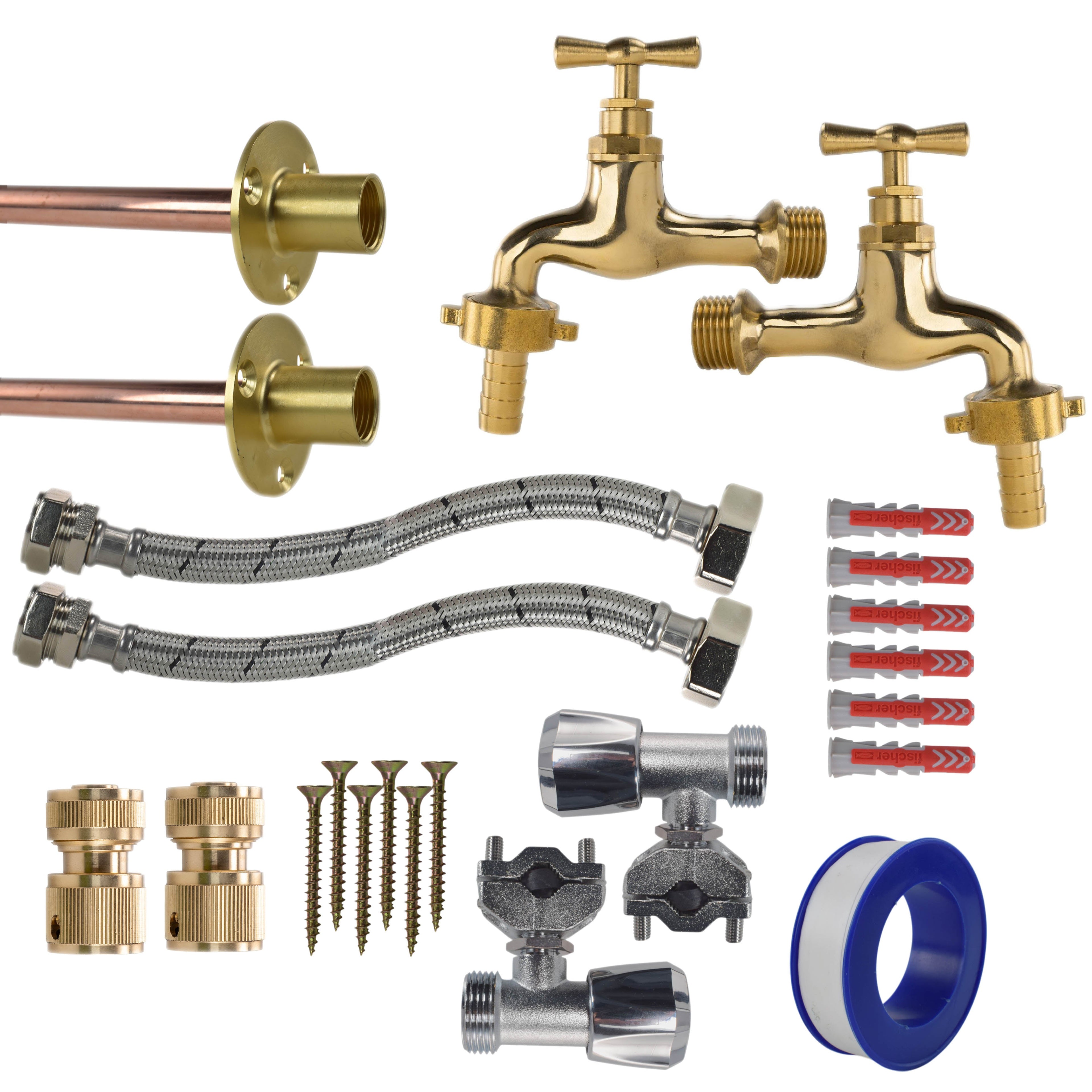 Polished Brass 13mm Barb Tap FULL Connection Kit x2