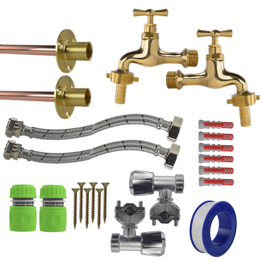 Polished Brass 13mm Barb Tap FULL Connection Kit x2