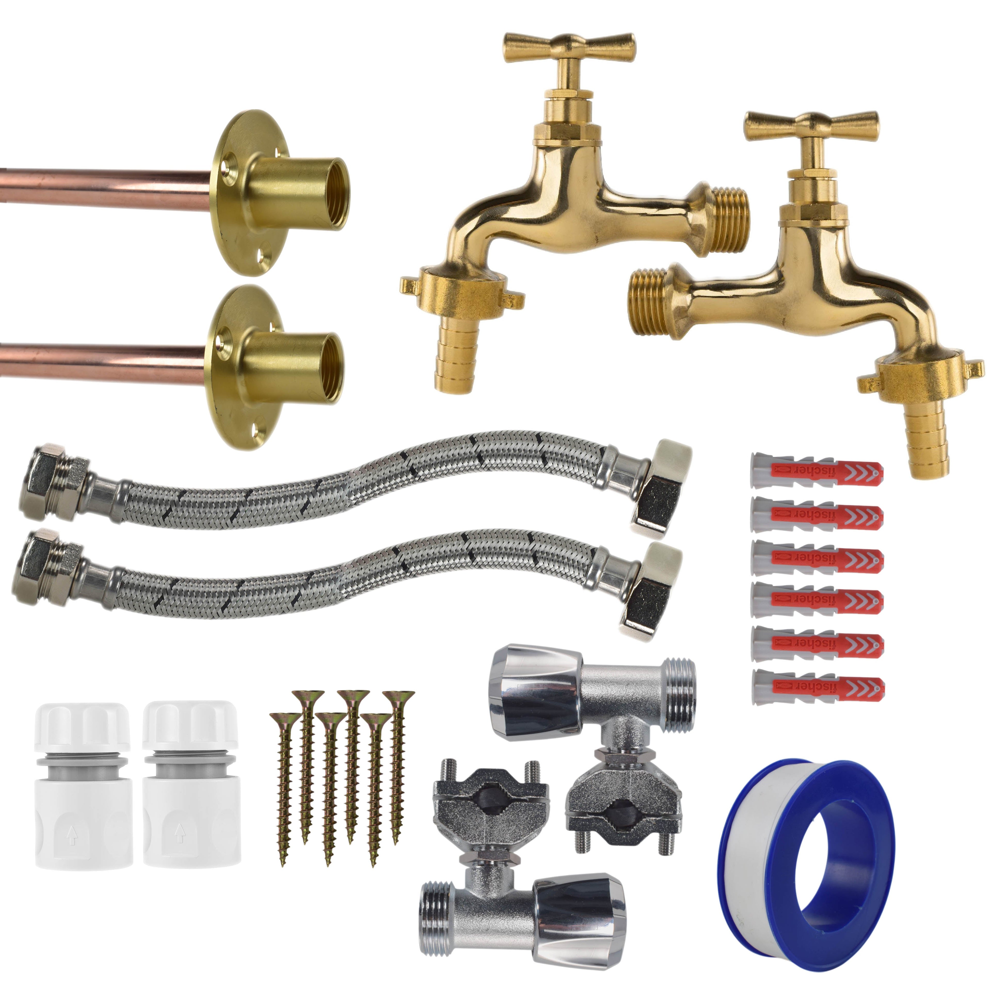 Polished Brass 13mm Barb Tap FULL Connection Kit x2