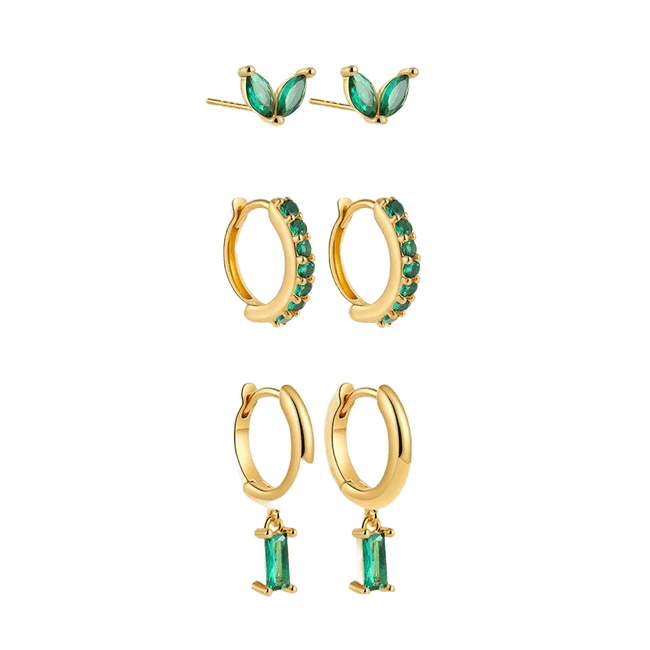 18K Gold Plated 3-Piece Emerald Green Earring Set