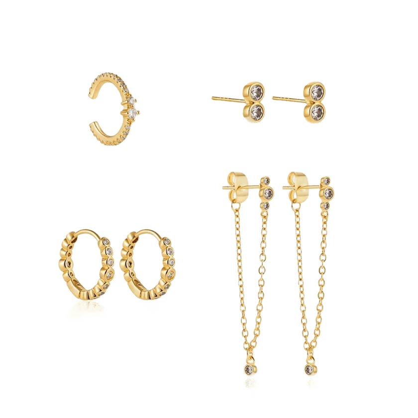 18K Gold Plated 4-Piece Earring Set with Zircon Accents