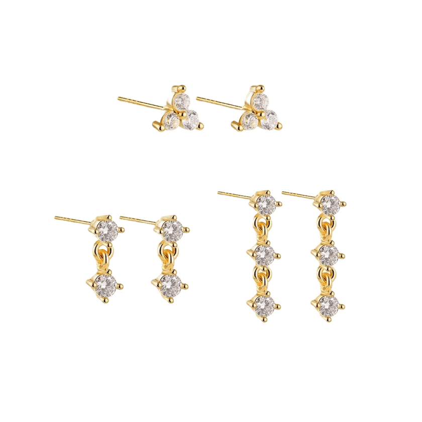18K Gold 3-Piece Plated Stud Dainty Cubic Zirconia Earring Set