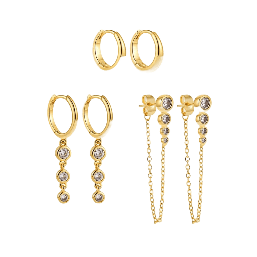18K Gold Plated 3-Piece Earring Set with Zircon Crystals