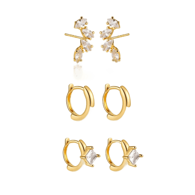 18K Gold Plated 3-Piece Elegant Hoop & Stud Earring Set