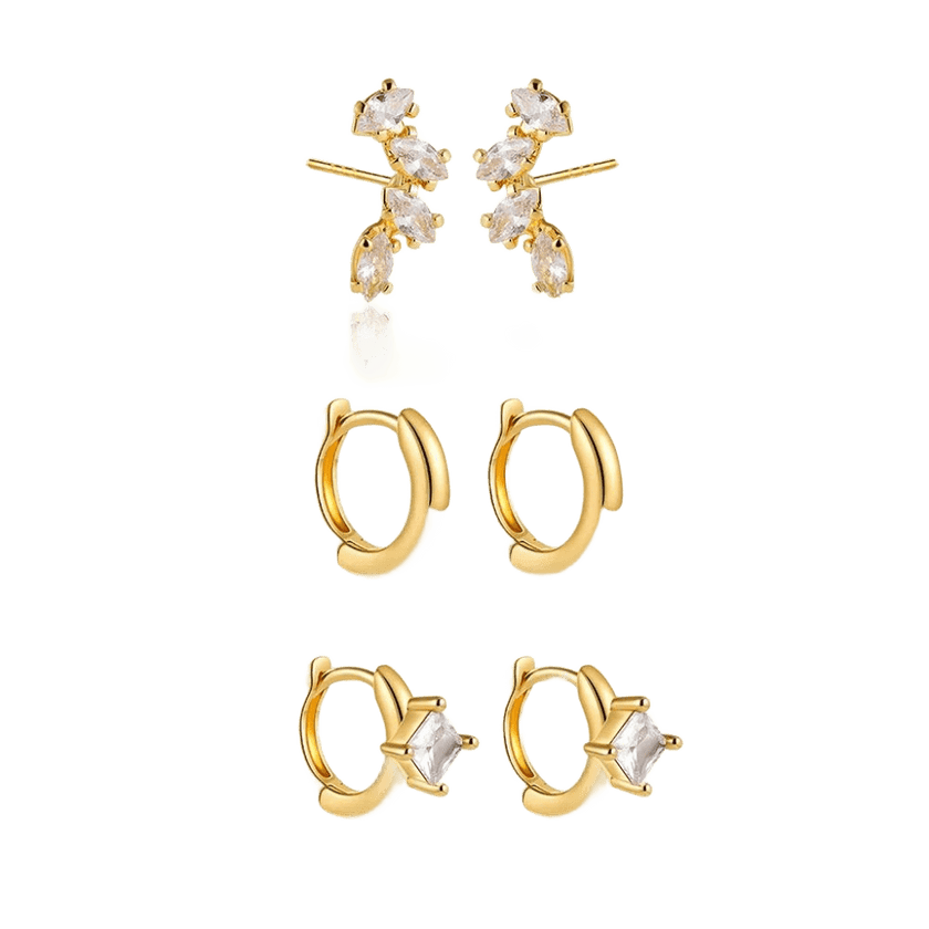 18K Gold Plated 3-Piece Elegant Hoop & Stud Earring Set